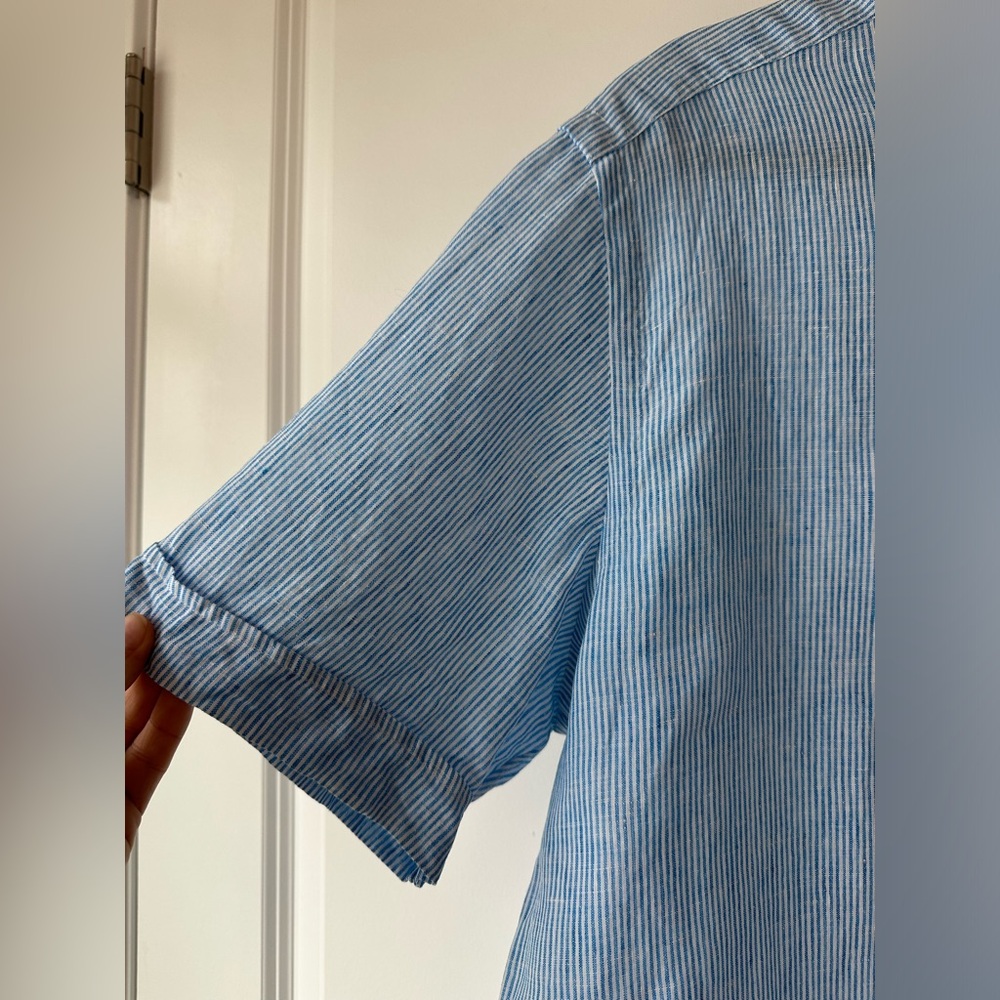 Borriello Napoli Men’s Linen Striped Button Down Short Sleeve Shirt Blue (XXL) - Picture 3 of 9